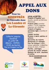 APPEL AUX DONS POUR LES SINISTRES DES INCENDIES