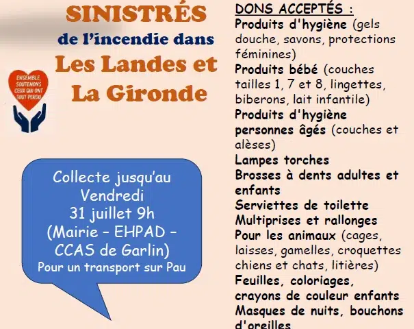 APPEL AUX DONS POUR LES SINISTRES DES INCENDIES